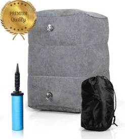 Merkloos Voetensteun - Vliegtuigbedje - Premium Quality - Reisbedje - 3 Hoogtestanden - Vliegtuig Kussen - Voetenbankje Of Poef - Met Opbergzakje & Pomp - Grijs