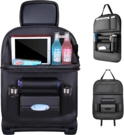 RAMBUX® - Autostoel Organizer Met Tray - Organizer Auto Stoelhoes Met Uitklapbare Tafel - Duurzaam Mat Zwart PU Leer Kunstleer - Tablethouder - Telefoonhouder - Fleshouder