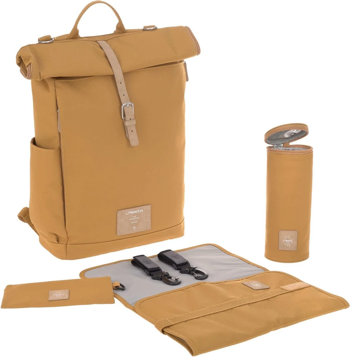 LÄSSIG Luiertas Rolltop Backpack Rugzak Incl Verschoningsmatje - Curry 5 LÄSSIG Luiertas Rolltop Backpack Rugzak Incl Verschoningsmatje - Curry - Image 5