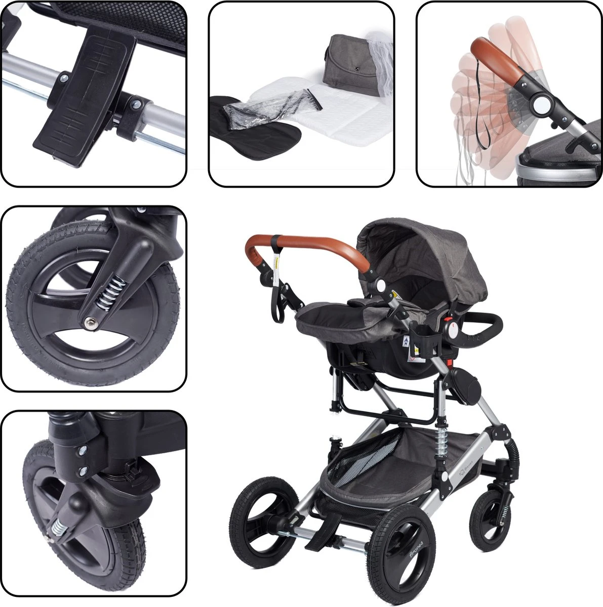 Bronea EXQUISE Luxe Multi-functionele Kinderwagen 3 In 1 | Zwart / Silver | Incl. MATRAS, Buggy, Autostoel, Luiertas, Regenhoes, Voetenwarmer, Muggen Net & Zonneklep 4 Bronea EXQUISE Luxe Multi-functionele Kinderwagen 3 In 1 | Zwart / Silver | Incl. MATRAS, Buggy, Autostoel, Luiertas, Regenhoes, Voetenwarmer, Muggen Net & Zonneklep - Image 4