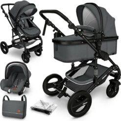 KIDUKU- 3 In 1 Combi-kinderwagen- Antraciet/zwart Buggy Incl. Autostoeltje-regenhoes- Inklapbaar