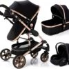 Luxe Kinderwagen 3 In 1 - Wandelwagen - Kinderwagen 3-in-1 Incl Autostoel - Kinderwagen Maxi Cosi – Buggy 3 In 1 - Newborn - Zwart/goud