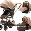 Merkloos Luxe 3-in-1 Kinderwagen - Wandelwagen - Autostoeltje - Buggy - Inklapbaar - Khaki/Bruin - 0-36 Maanden