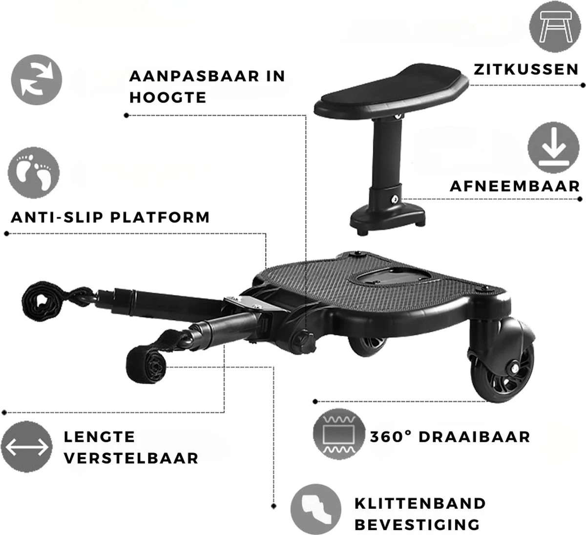 Merkloos Kinderwagen/Buggy Meerijdplankje - Kant & Klaar - In Elkaar Gezet - Universeel – Met Zitje – Verstelbaar – Zwart 3 Merkloos Kinderwagen/Buggy Meerijdplankje - Kant & Klaar - In Elkaar Gezet - Universeel – Met Zitje – Verstelbaar – Zwart - Image 3