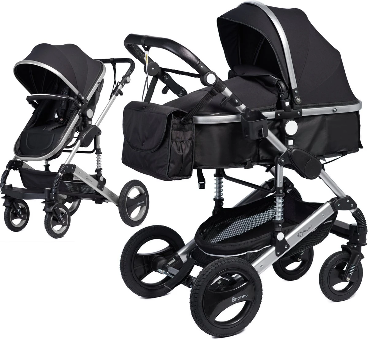 Bronea EXQUISE Luxe Multi-functionele Kinderwagen 3 In 1 | Zwart / Silver | Incl. MATRAS, Buggy, Autostoel, Luiertas, Regenhoes, Voetenwarmer, Muggen Net & Zonneklep 2 Bronea EXQUISE Luxe Multi-functionele Kinderwagen 3 In 1 | Zwart / Silver | Incl. MATRAS, Buggy, Autostoel, Luiertas, Regenhoes, Voetenwarmer, Muggen Net & Zonneklep - Image 2