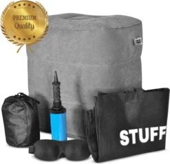 Merkloos Voetensteun - Vliegtuigbedje - Premium Quality XL - Reisbedje - Met Speciale Draagtas - Vliegtuig Kussen - Voetenbankje Of Poef - Met Slaapmasker & Pomp - Grijs