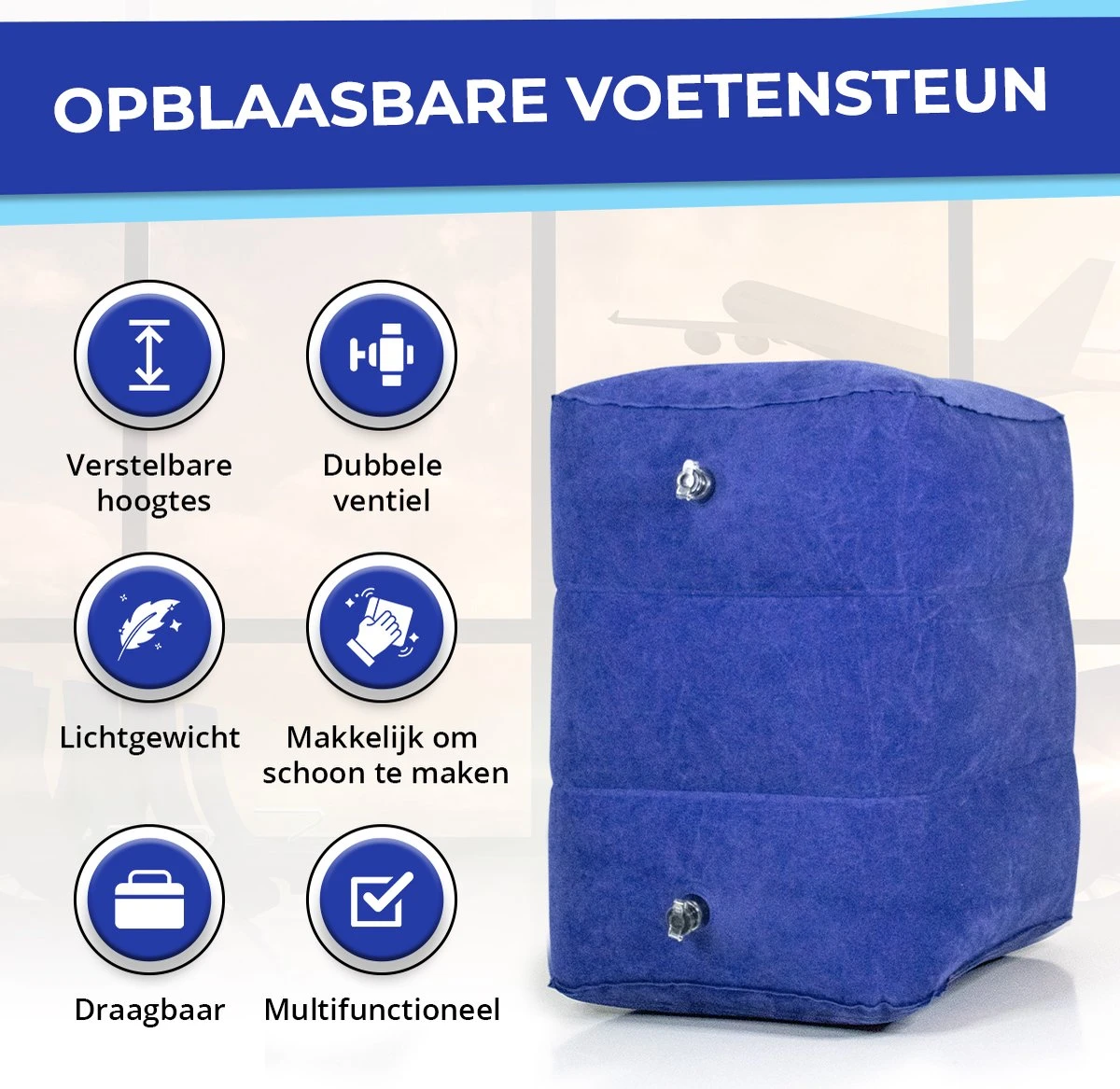 Merkloos Voetensteun - Vliegtuigbedje - Premium Quality - Reisbedje - 3 Hoogtestanden - Vliegtuig Kussen - Voetenbankje Of Poef - Met Opbergzakje & Pomp - Blauw 6 Merkloos Voetensteun - Vliegtuigbedje - Premium Quality - Reisbedje - 3 Hoogtestanden - Vliegtuig Kussen - Voetenbankje Of Poef - Met Opbergzakje & Pomp - Blauw - Afbeelding 6
