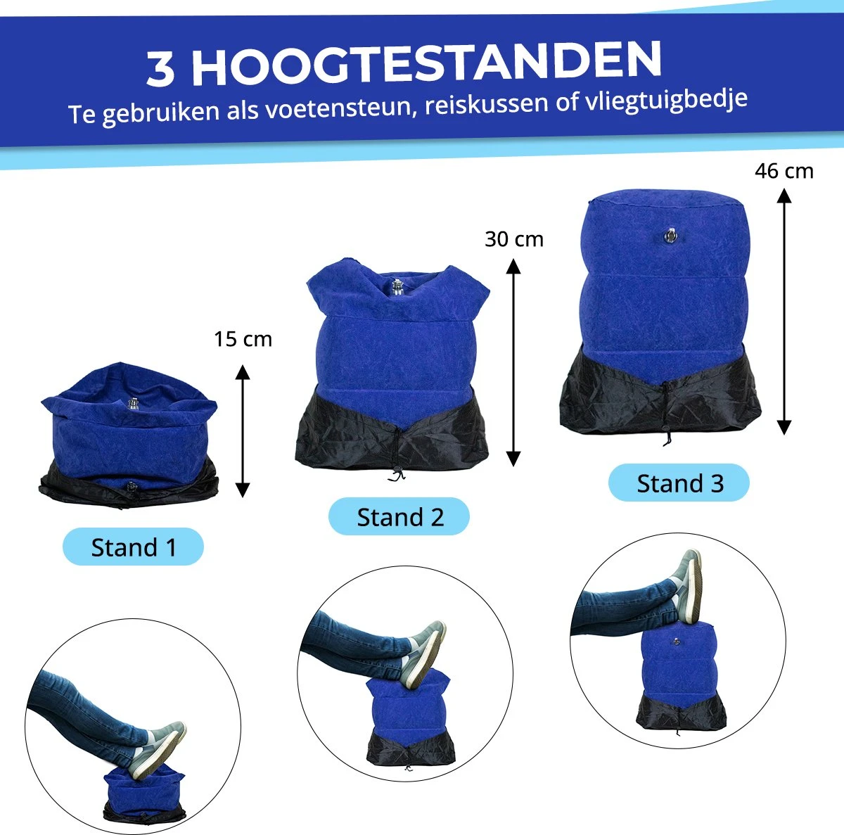 Merkloos Voetensteun - Vliegtuigbedje - Premium Quality - Reisbedje - 3 Hoogtestanden - Vliegtuig Kussen - Voetenbankje Of Poef - Met Opbergzakje & Pomp - Blauw 3 Merkloos Voetensteun - Vliegtuigbedje - Premium Quality - Reisbedje - 3 Hoogtestanden - Vliegtuig Kussen - Voetenbankje Of Poef - Met Opbergzakje & Pomp - Blauw - Afbeelding 3