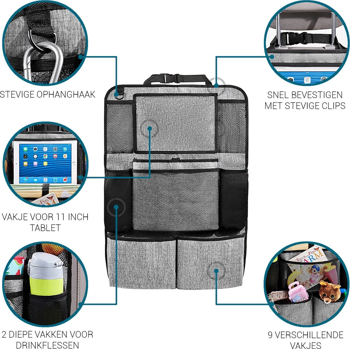 Vannons - Autostoel Organizer - Auto Organizer Voor Kinderen - Met IPadhouder - Grijs 5 Vannons - Autostoel Organizer - Auto Organizer Voor Kinderen - Met IPadhouder - Grijs - Image 5