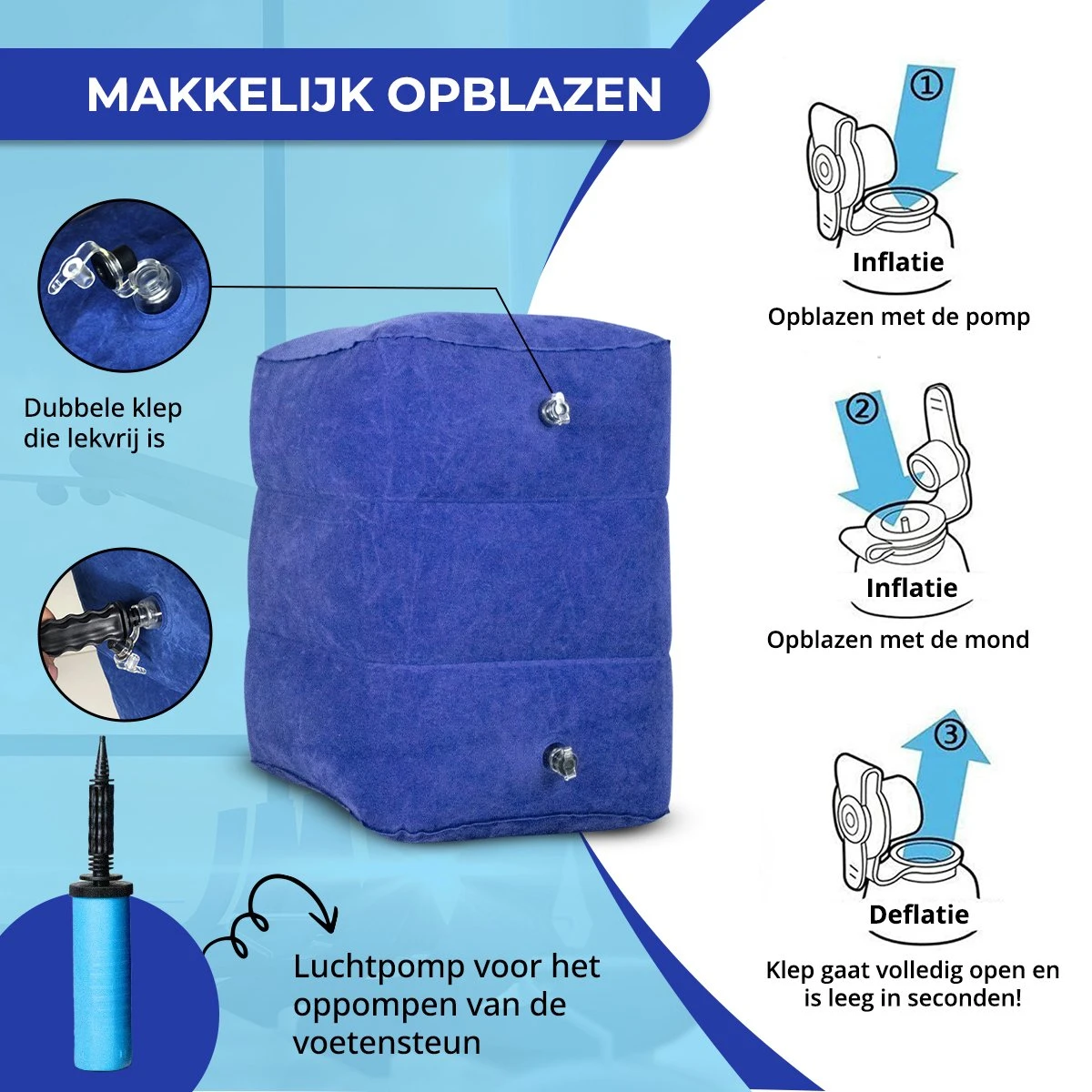 Merkloos Voetensteun - Vliegtuigbedje - Premium Quality - Reisbedje - 3 Hoogtestanden - Vliegtuig Kussen - Voetenbankje Of Poef - Met Opbergzakje & Pomp - Blauw 7 Merkloos Voetensteun - Vliegtuigbedje - Premium Quality - Reisbedje - 3 Hoogtestanden - Vliegtuig Kussen - Voetenbankje Of Poef - Met Opbergzakje & Pomp - Blauw - Afbeelding 7