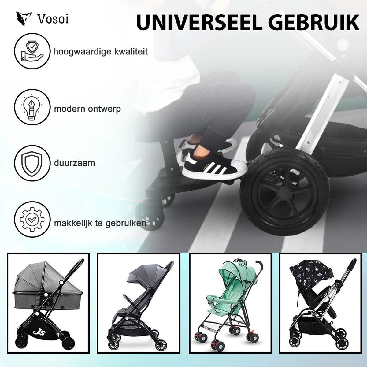 Vosoi - Meerijdplankje - Kinderwagen - Buggy's - Onderweg - Universeel - Verstelbaar - Zitje - Onderweg - 2 Wielen - Kinderwagen Accessoires 2 Vosoi - Meerijdplankje - Kinderwagen - Buggy's - Onderweg - Universeel - Verstelbaar - Zitje - Onderweg - 2 Wielen - Kinderwagen Accessoires - Image 2