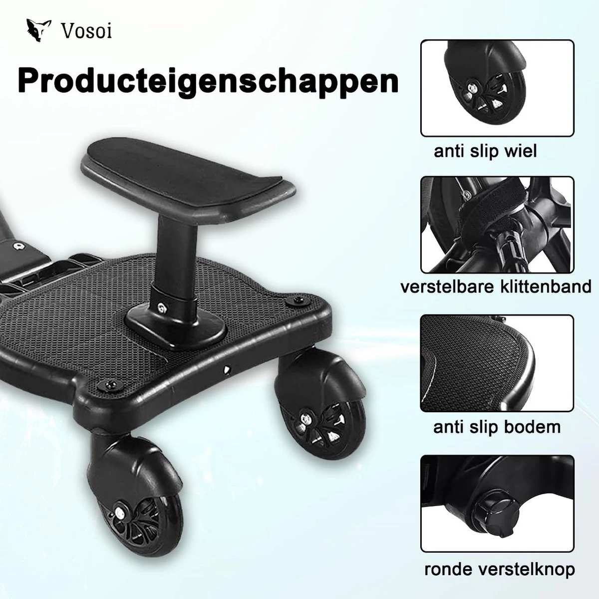 Vosoi - Meerijdplankje - Kinderwagen - Buggy's - Onderweg - Universeel - Verstelbaar - Zitje - Onderweg - 2 Wielen - Kinderwagen Accessoires 4 Vosoi - Meerijdplankje - Kinderwagen - Buggy's - Onderweg - Universeel - Verstelbaar - Zitje - Onderweg - 2 Wielen - Kinderwagen Accessoires - Image 4