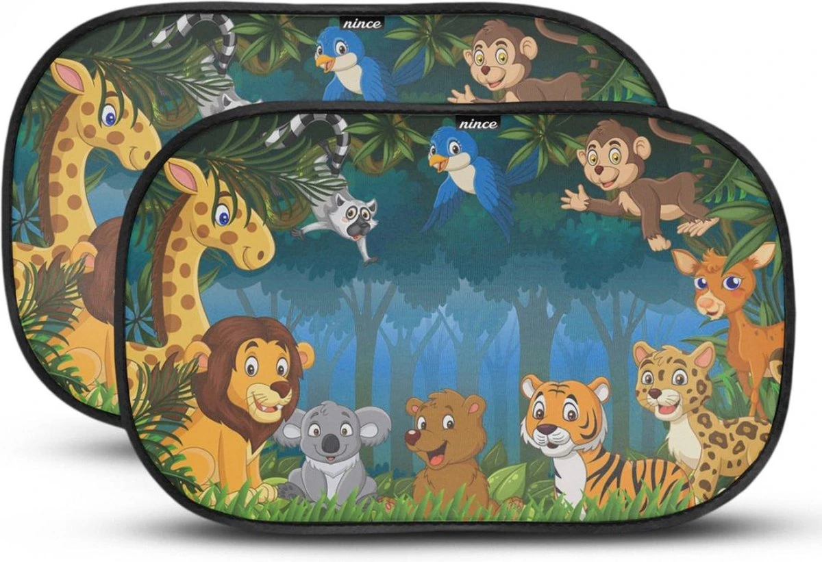 Nince Zonnescherm Auto Zijraam Van Hoge Kwaliteit - Jungle - Set Van 2 1 Nince Zonnescherm Auto Zijraam Van Hoge Kwaliteit - Jungle - Set Van 2