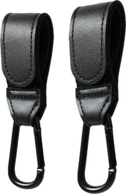 Merkloos Kinderwagen Haak Set Van 2 PU Leer Zwart -Verstelbare Buggy Haak - Luiertas Hangers Met Klittenband